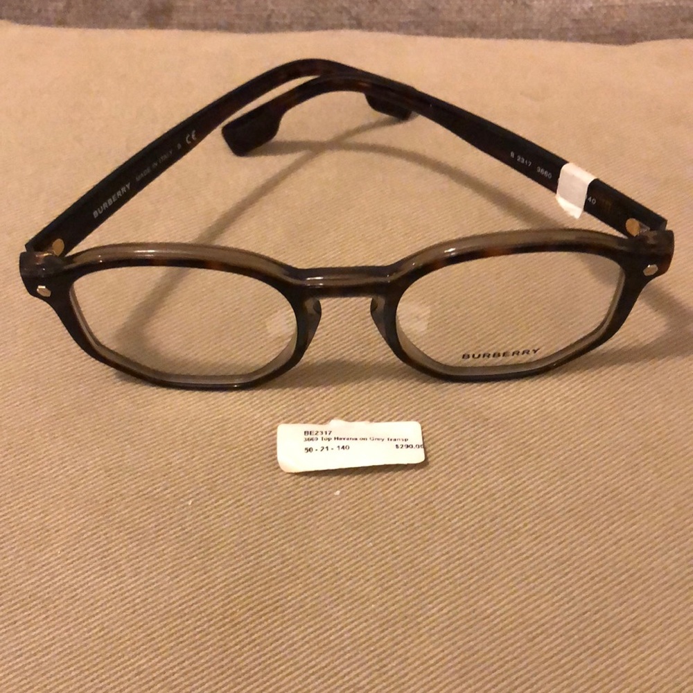 Burberry eyeglass frames BRAND NEW. Geometric shape dark tortoiseshell. Unisex.